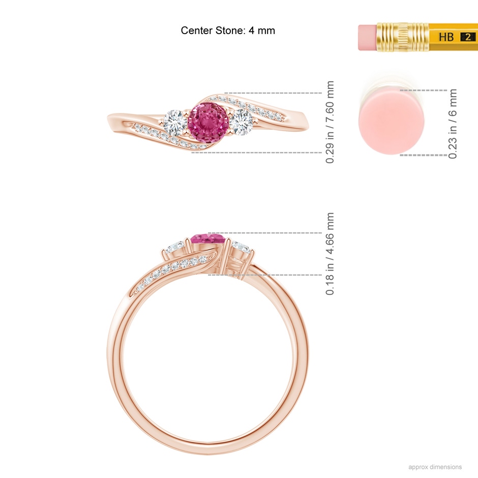 4mm AAAA Pink Sapphire and Diamond Three Stone Bypass Ring in Rose Gold ruler