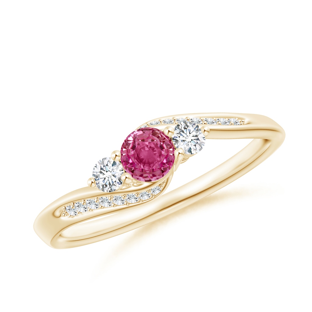 4mm AAAA Pink Sapphire and Diamond Three Stone Bypass Ring in Yellow Gold