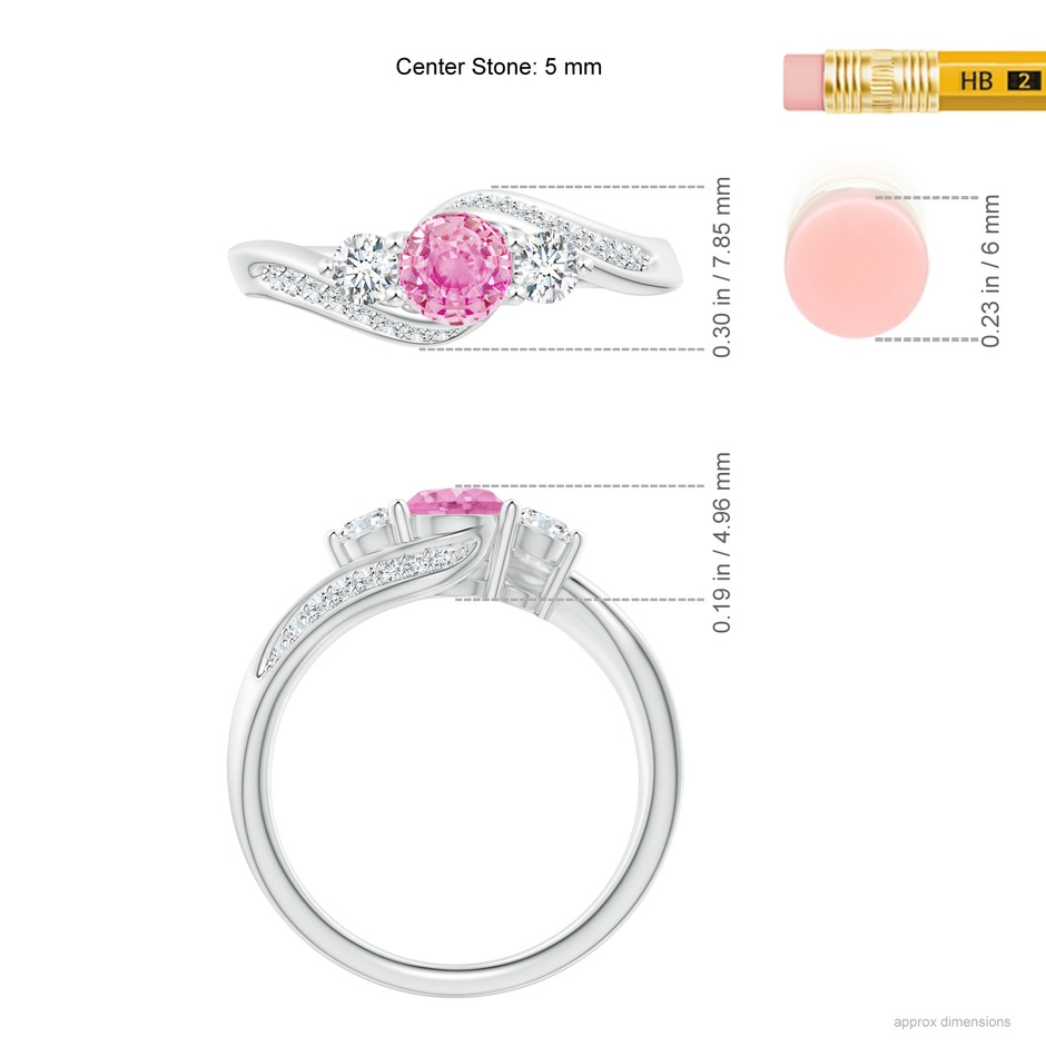 5mm A Pink Sapphire and Diamond Three Stone Bypass Ring in P950 Platinum ruler