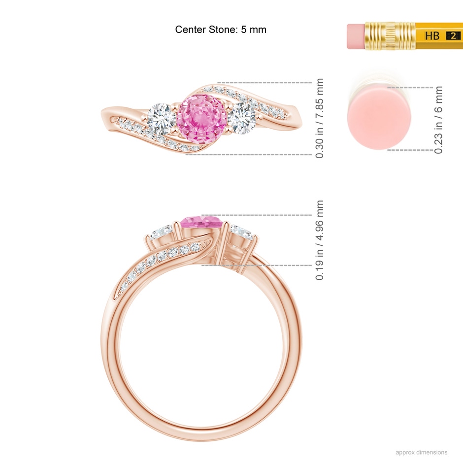 5mm A Pink Sapphire and Diamond Three Stone Bypass Ring in Rose Gold ruler