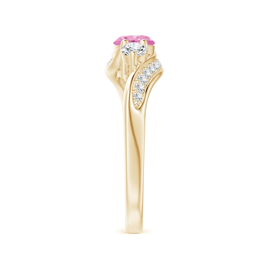 5mm A Pink Sapphire and Diamond Three Stone Bypass Ring in Yellow Gold side 2
