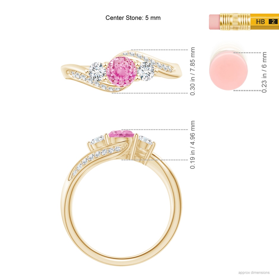 5mm A Pink Sapphire and Diamond Three Stone Bypass Ring in Yellow Gold ruler