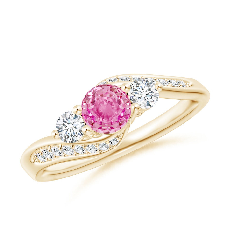 5mm AA Pink Sapphire and Diamond Three Stone Bypass Ring in Yellow Gold 