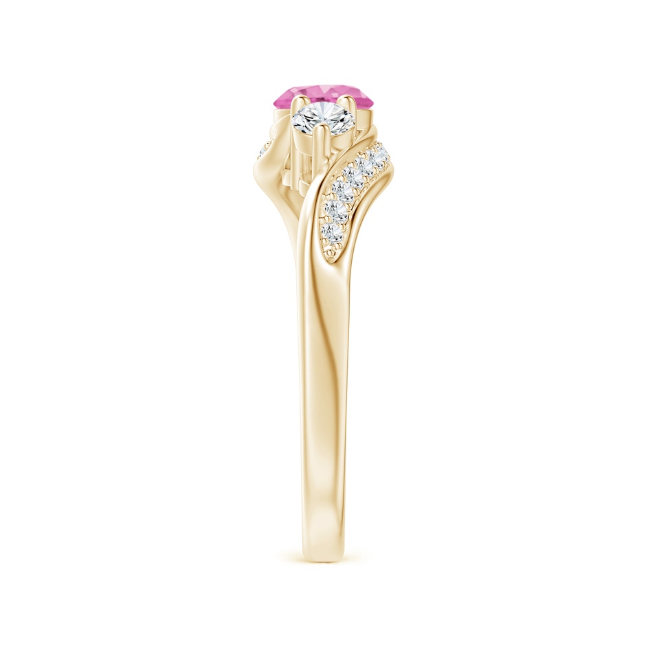 5mm AA Pink Sapphire and Diamond Three Stone Bypass Ring in Yellow Gold side 2