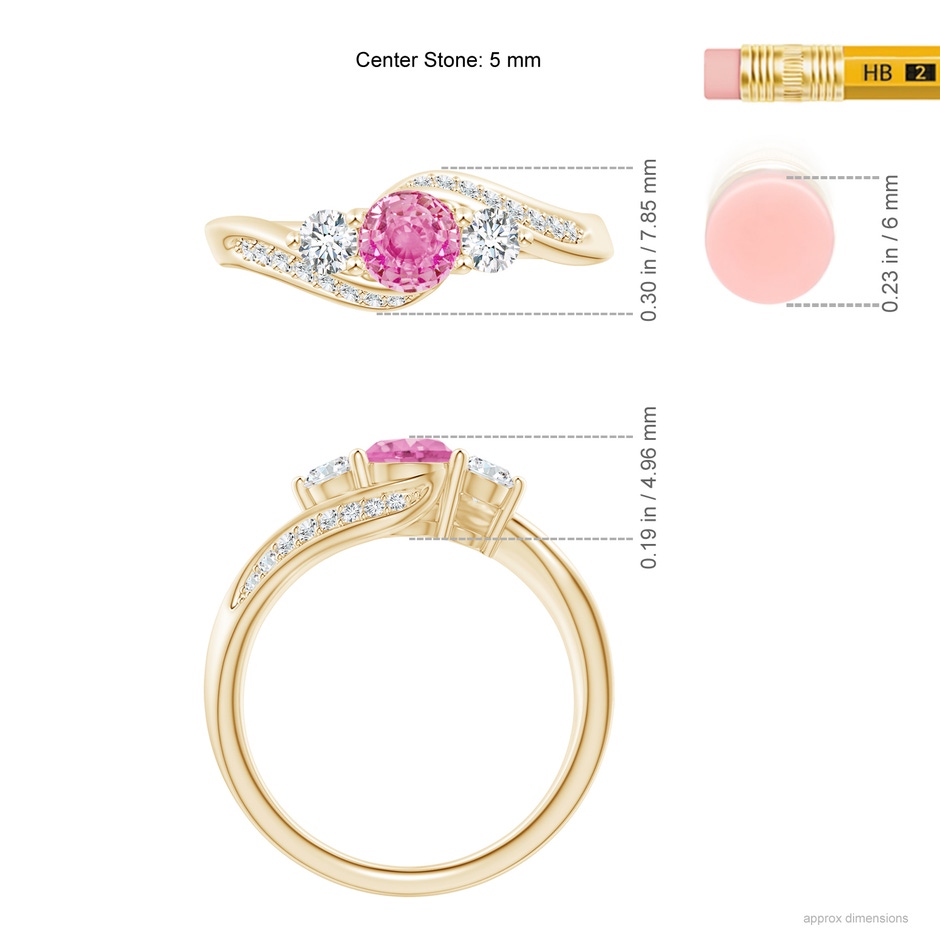 5mm AA Pink Sapphire and Diamond Three Stone Bypass Ring in Yellow Gold ruler