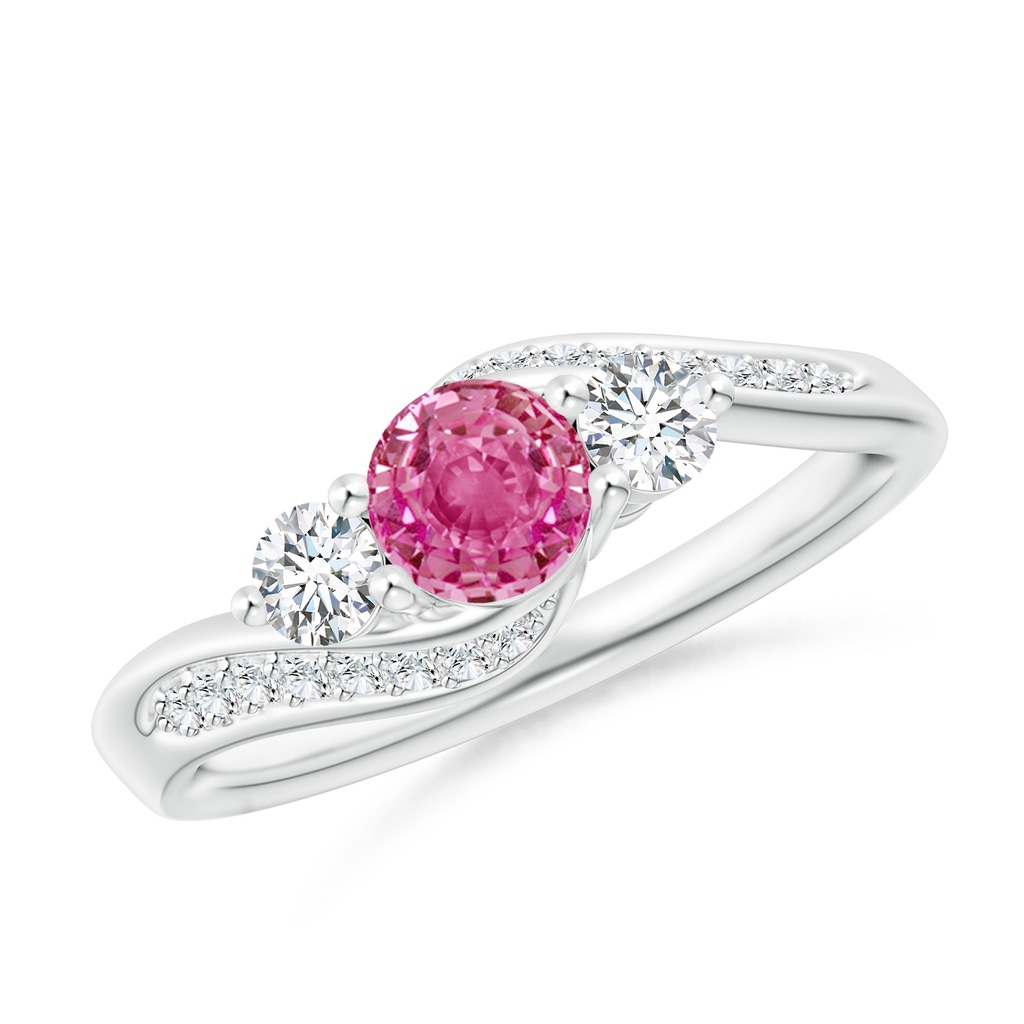 5mm AAA Pink Sapphire and Diamond Three Stone Bypass Ring in White Gold