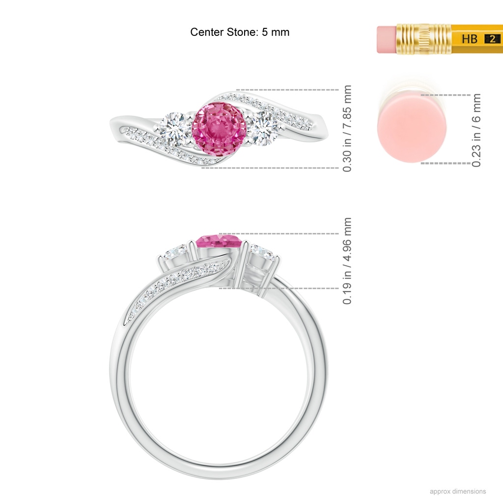 5mm AAA Pink Sapphire and Diamond Three Stone Bypass Ring in White Gold Ruler