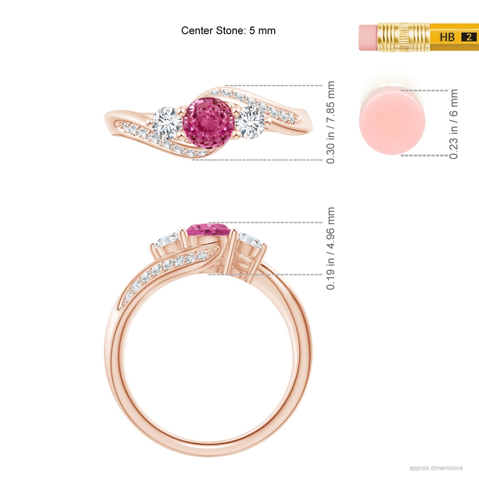 5mm AAAA Pink Sapphire and Diamond Three Stone Bypass Ring in Rose Gold ruler