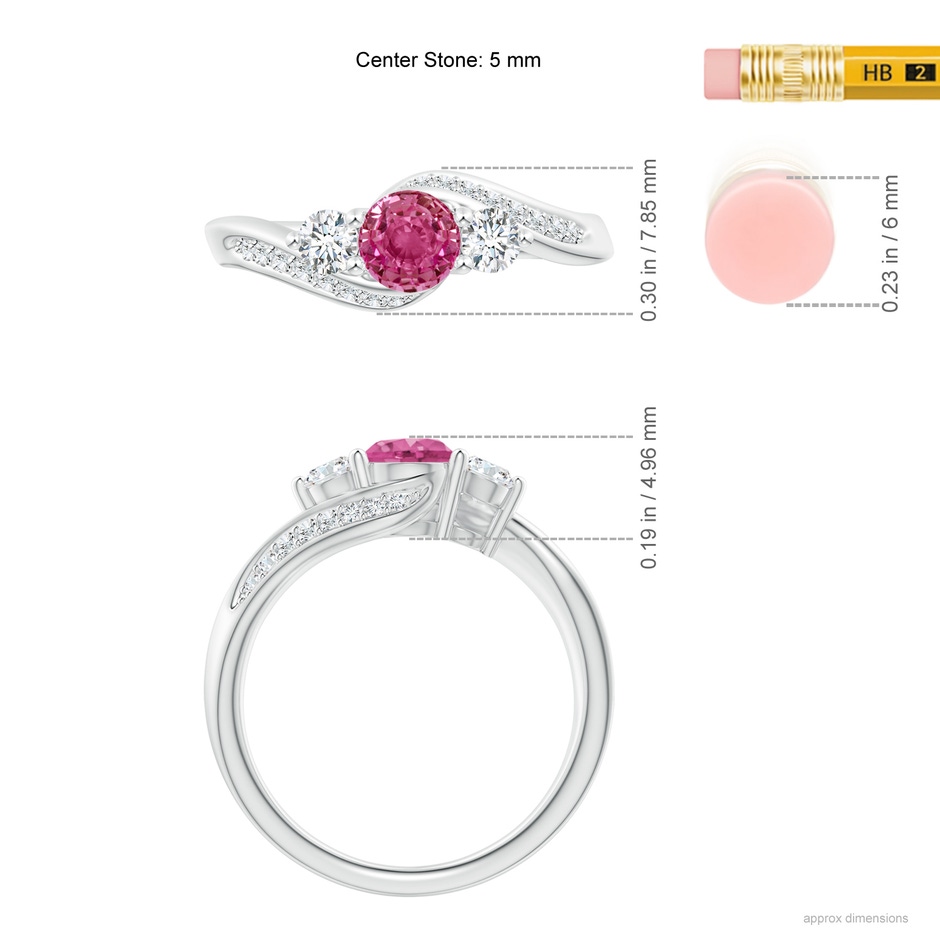 5mm AAAA Pink Sapphire and Diamond Three Stone Bypass Ring in White Gold ruler
