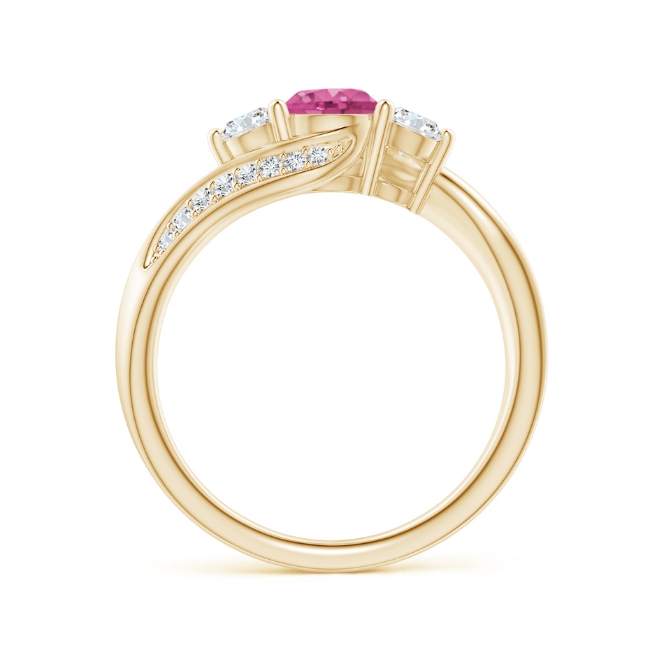 5mm AAAA Pink Sapphire and Diamond Three Stone Bypass Ring in Yellow Gold side 1