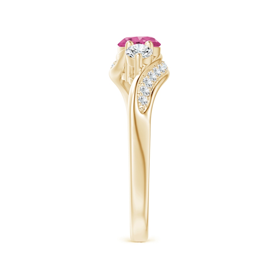5mm AAAA Pink Sapphire and Diamond Three Stone Bypass Ring in Yellow Gold side 2