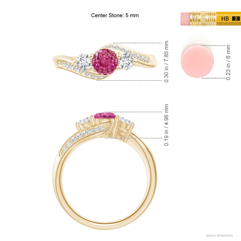 5mm AAAA Pink Sapphire and Diamond Three Stone Bypass Ring in Yellow Gold ruler