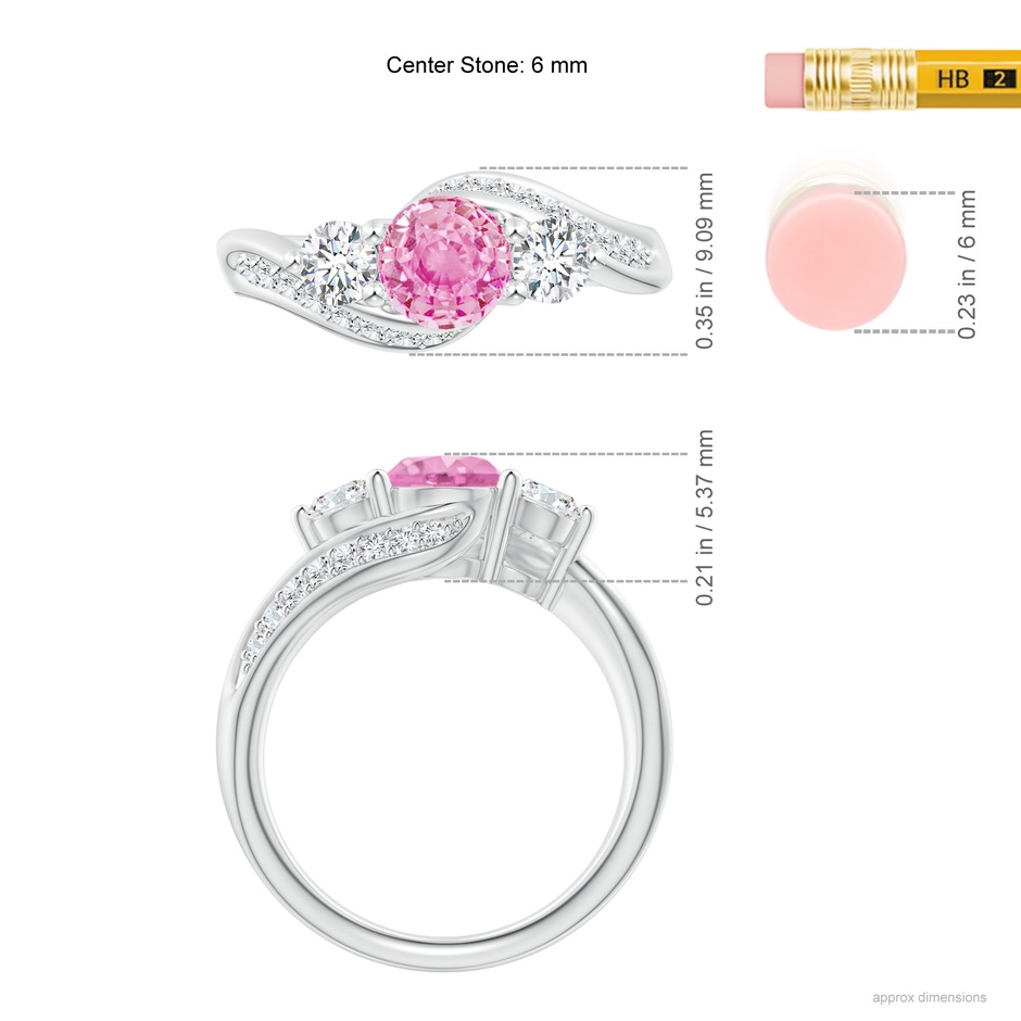 6mm A Pink Sapphire and Diamond Three Stone Bypass Ring in P950 Platinum ruler