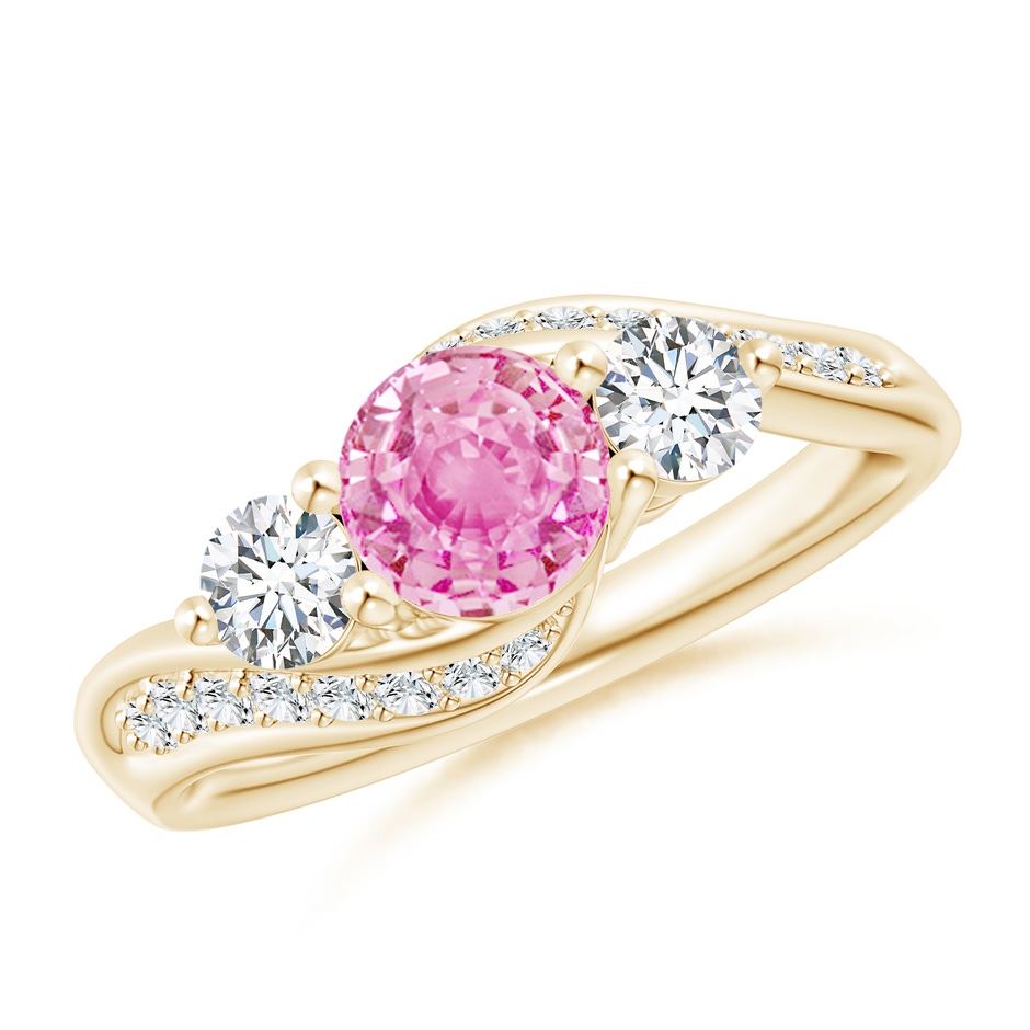 6mm A Pink Sapphire and Diamond Three Stone Bypass Ring in Yellow Gold 
