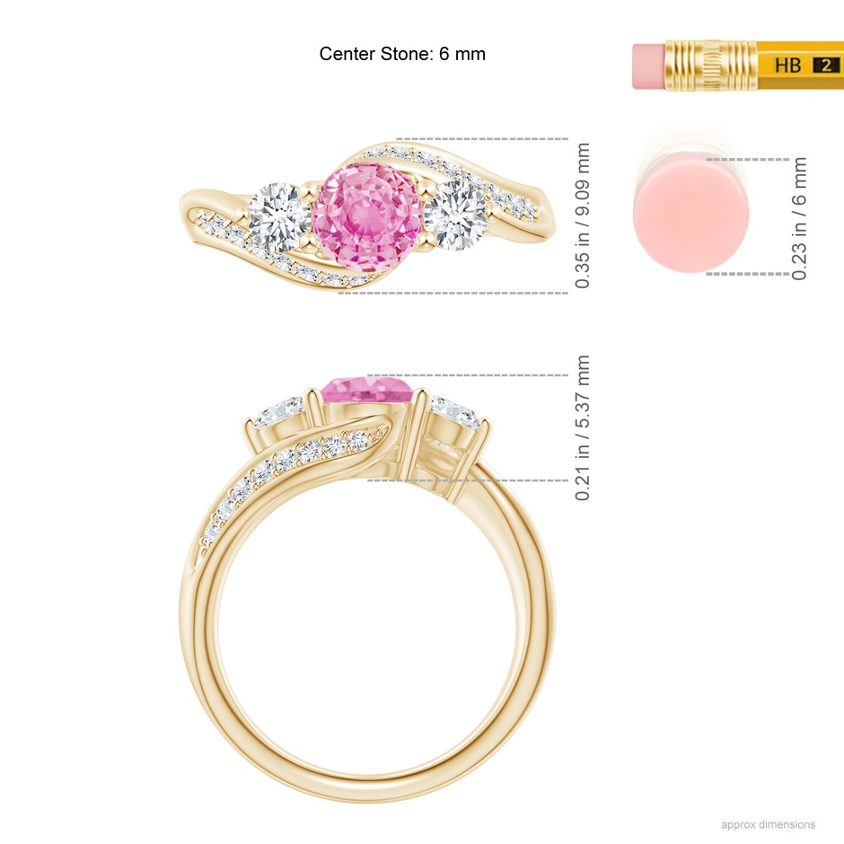 6mm A Pink Sapphire and Diamond Three Stone Bypass Ring in Yellow Gold ruler