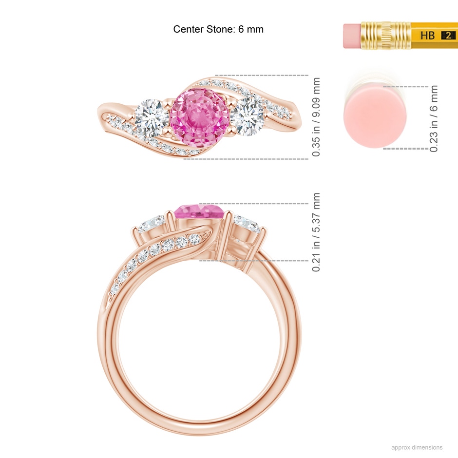 6mm AA Pink Sapphire and Diamond Three Stone Bypass Ring in Rose Gold ruler
