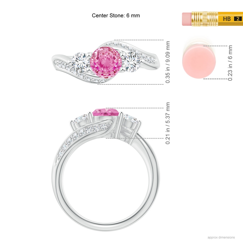 6mm AA Pink Sapphire and Diamond Three Stone Bypass Ring in White Gold ruler