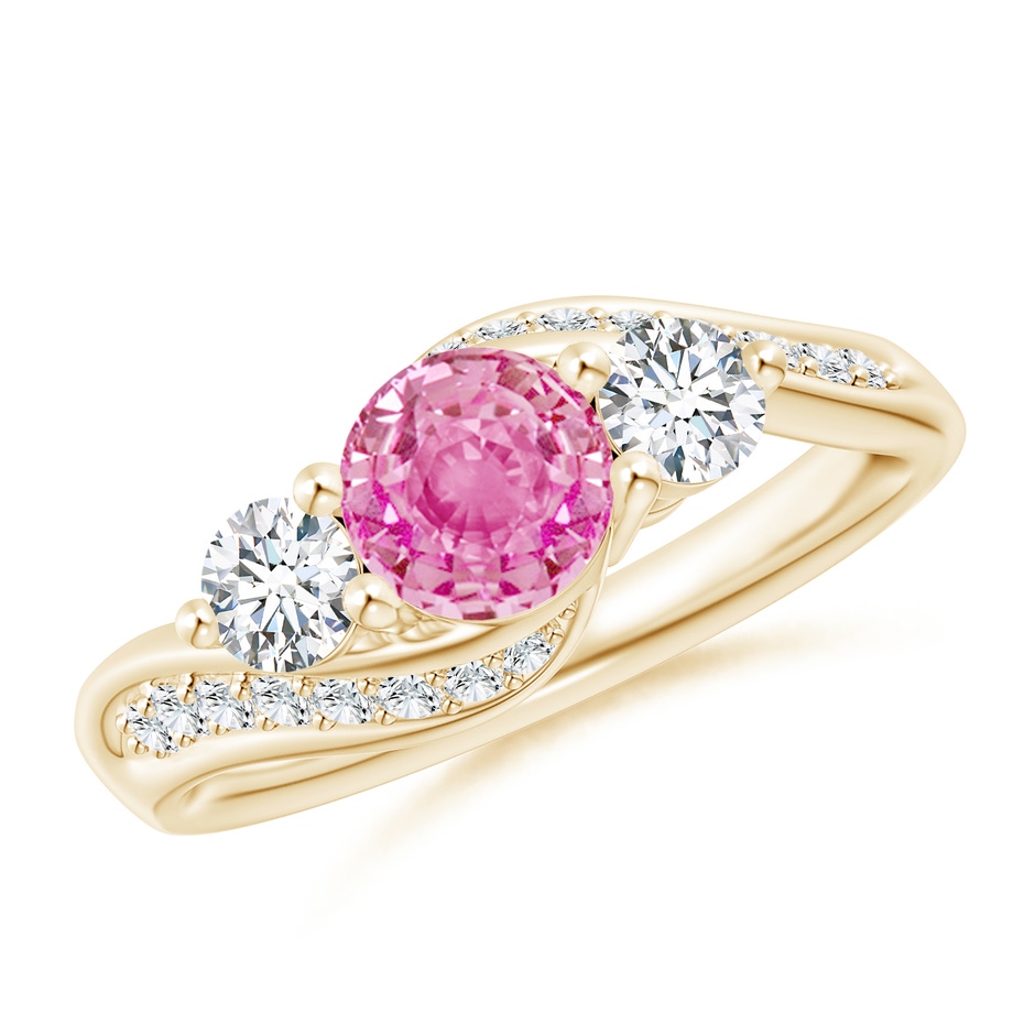 6mm AA Pink Sapphire and Diamond Three Stone Bypass Ring in Yellow Gold 