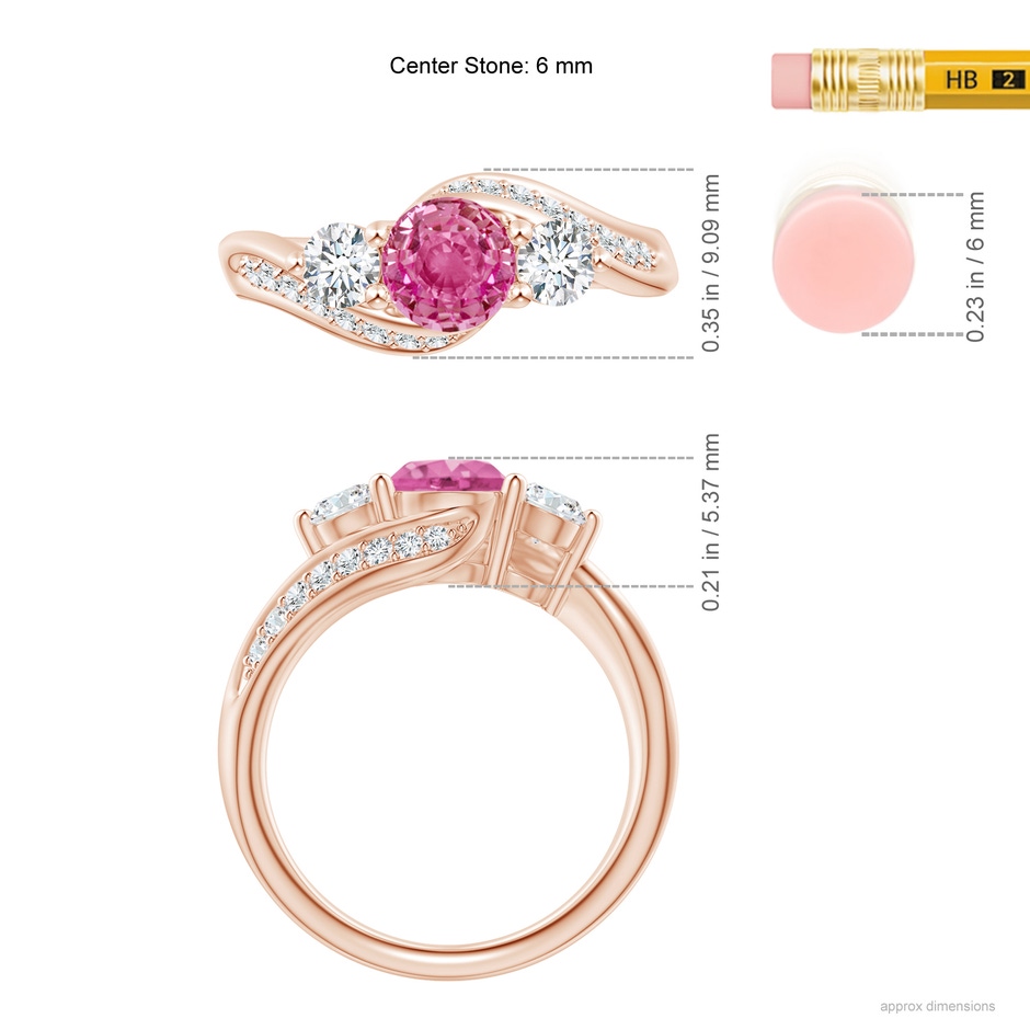 6mm AAA Pink Sapphire and Diamond Three Stone Bypass Ring in Rose Gold ruler