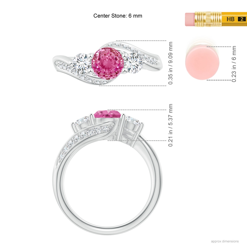 6mm AAA Pink Sapphire and Diamond Three Stone Bypass Ring in White Gold ruler