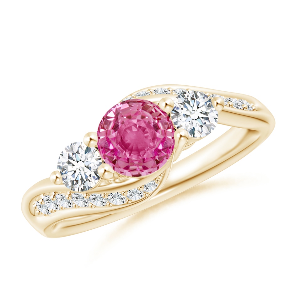 6mm AAA Pink Sapphire and Diamond Three Stone Bypass Ring in Yellow Gold 