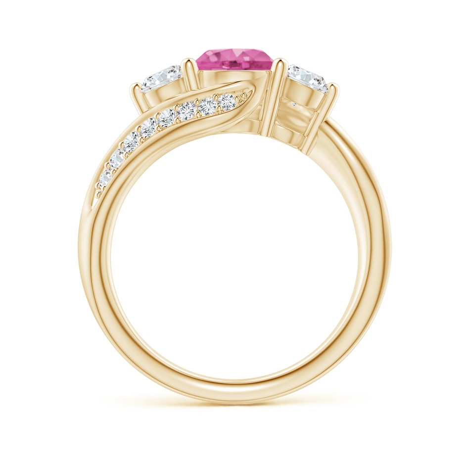 6mm AAA Pink Sapphire and Diamond Three Stone Bypass Ring in Yellow Gold side 1