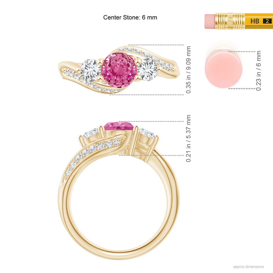 6mm AAA Pink Sapphire and Diamond Three Stone Bypass Ring in Yellow Gold ruler