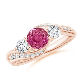 6mm AAAA Pink Sapphire and Diamond Three Stone Bypass Ring in Rose Gold