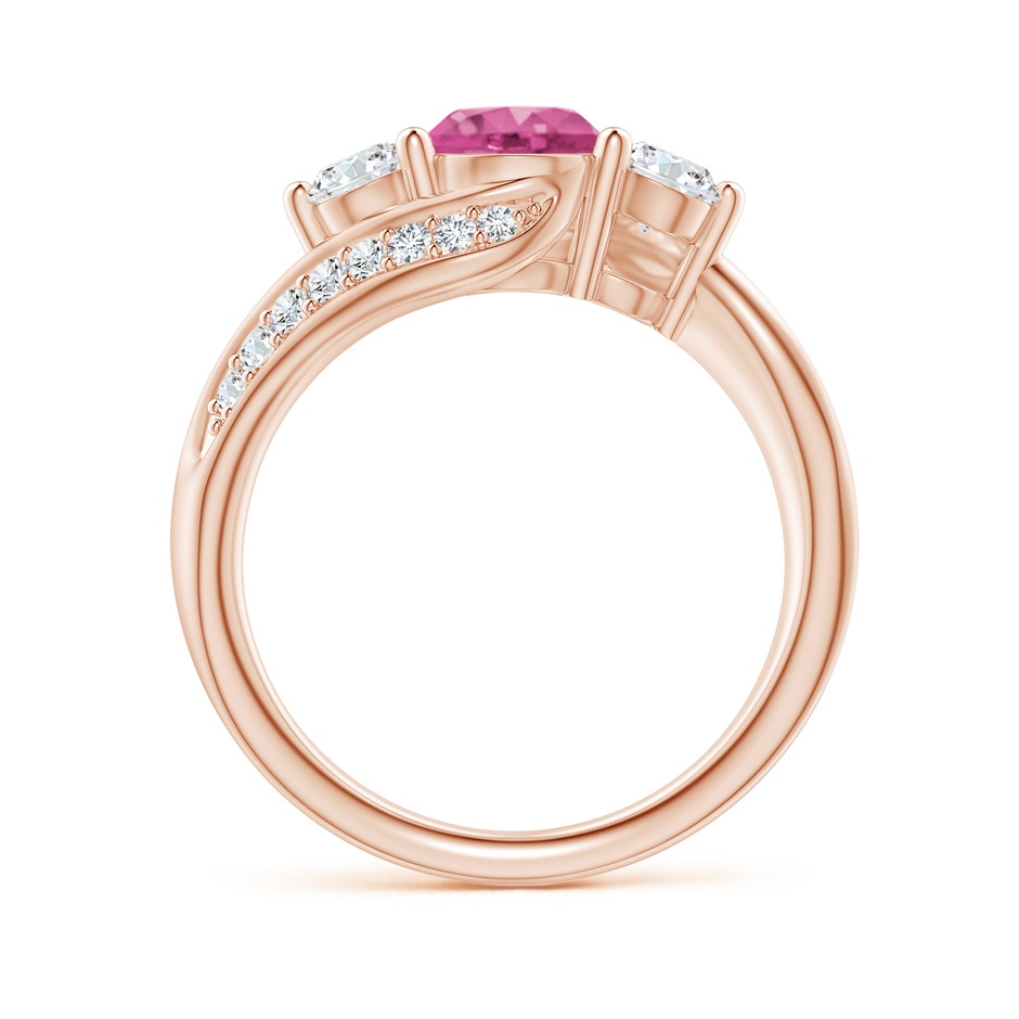 6mm AAAA Pink Sapphire and Diamond Three Stone Bypass Ring in Rose Gold side 1