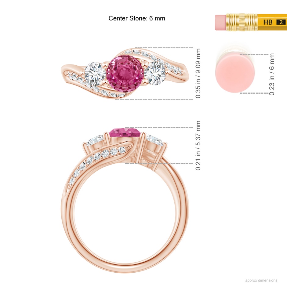 6mm AAAA Pink Sapphire and Diamond Three Stone Bypass Ring in Rose Gold ruler