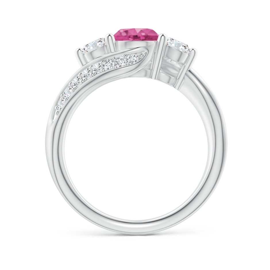 6mm AAAA Pink Sapphire and Diamond Three Stone Bypass Ring in White Gold side 1