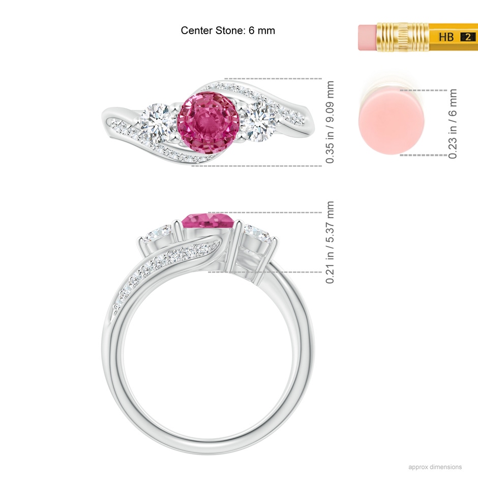 6mm AAAA Pink Sapphire and Diamond Three Stone Bypass Ring in White Gold ruler