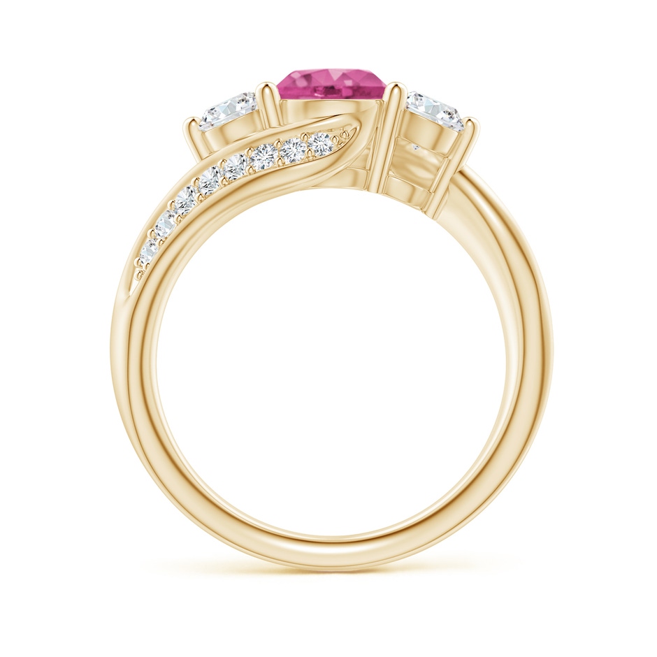 6mm AAAA Pink Sapphire and Diamond Three Stone Bypass Ring in Yellow Gold side 1