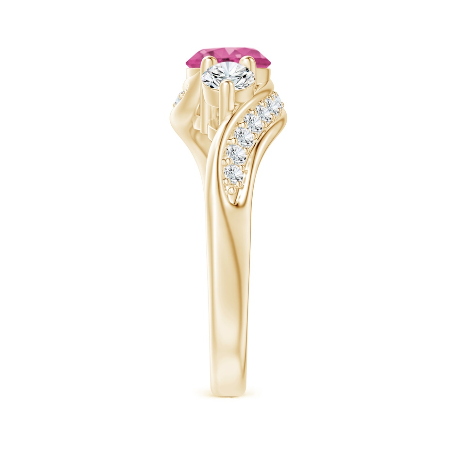 6mm AAAA Pink Sapphire and Diamond Three Stone Bypass Ring in Yellow Gold side 2
