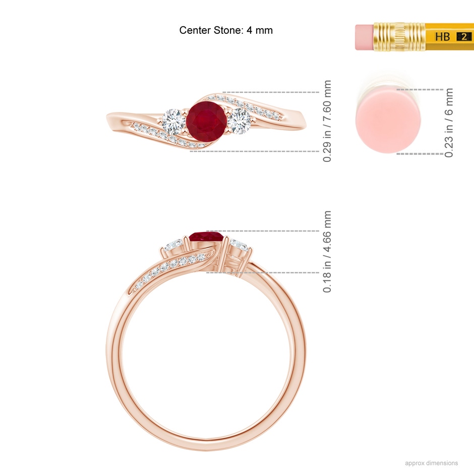 4mm AA Ruby and Diamond Three Stone Bypass Ring in Rose Gold ruler