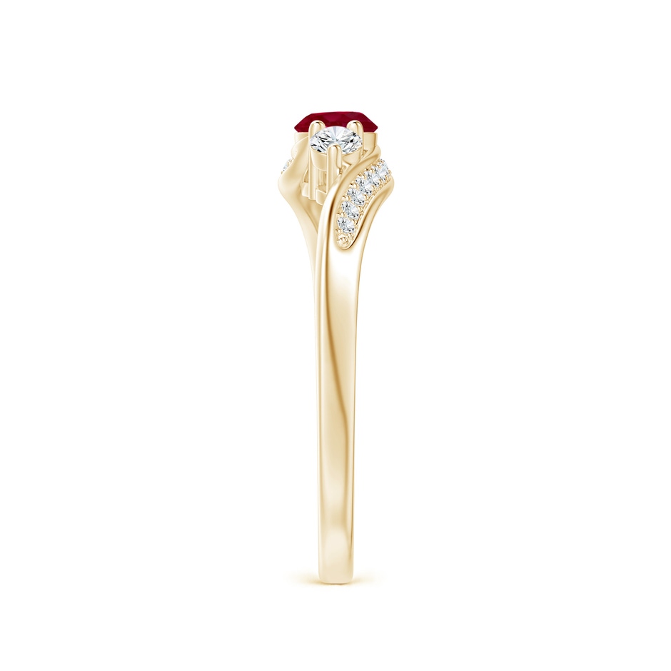 4mm AA Ruby and Diamond Three Stone Bypass Ring in Yellow Gold side 2