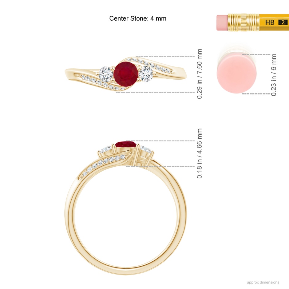 4mm AA Ruby and Diamond Three Stone Bypass Ring in Yellow Gold ruler