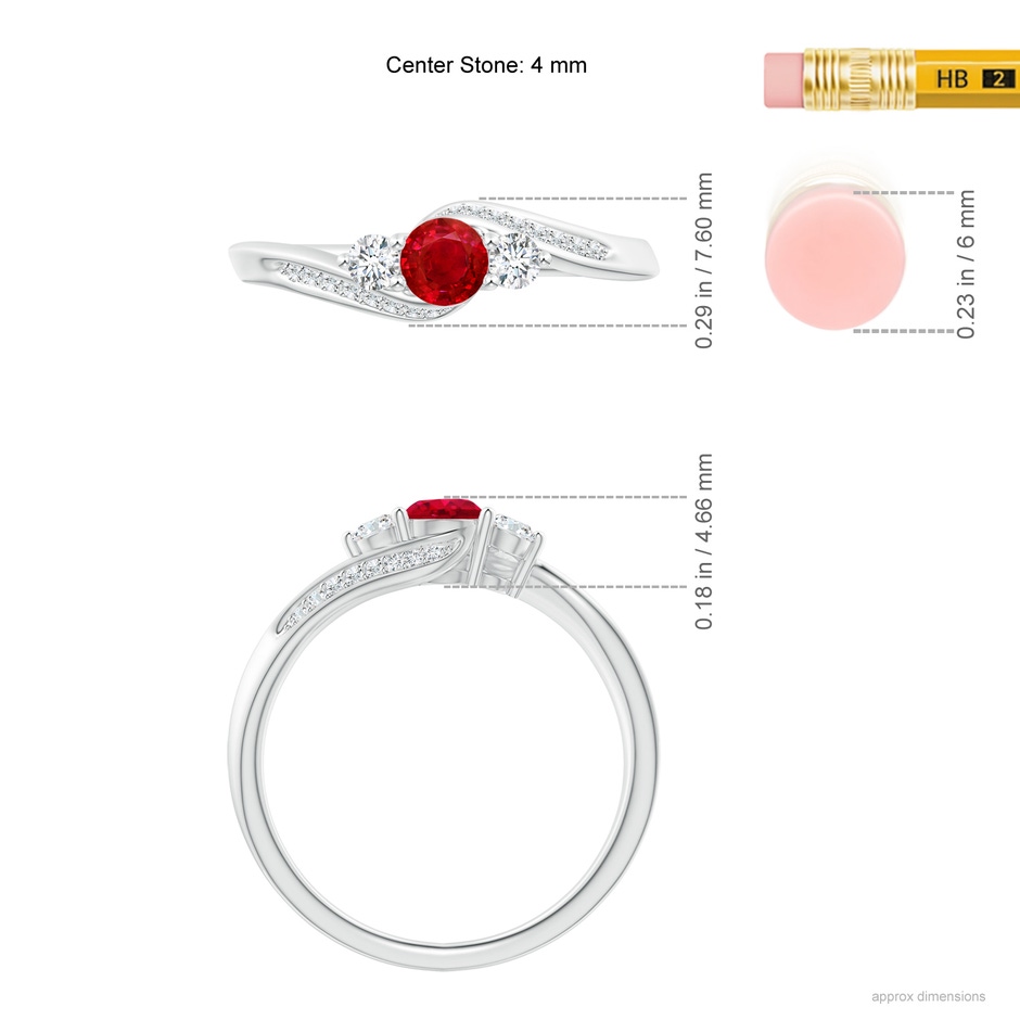 4mm AAA Ruby and Diamond Three Stone Bypass Ring in White Gold ruler