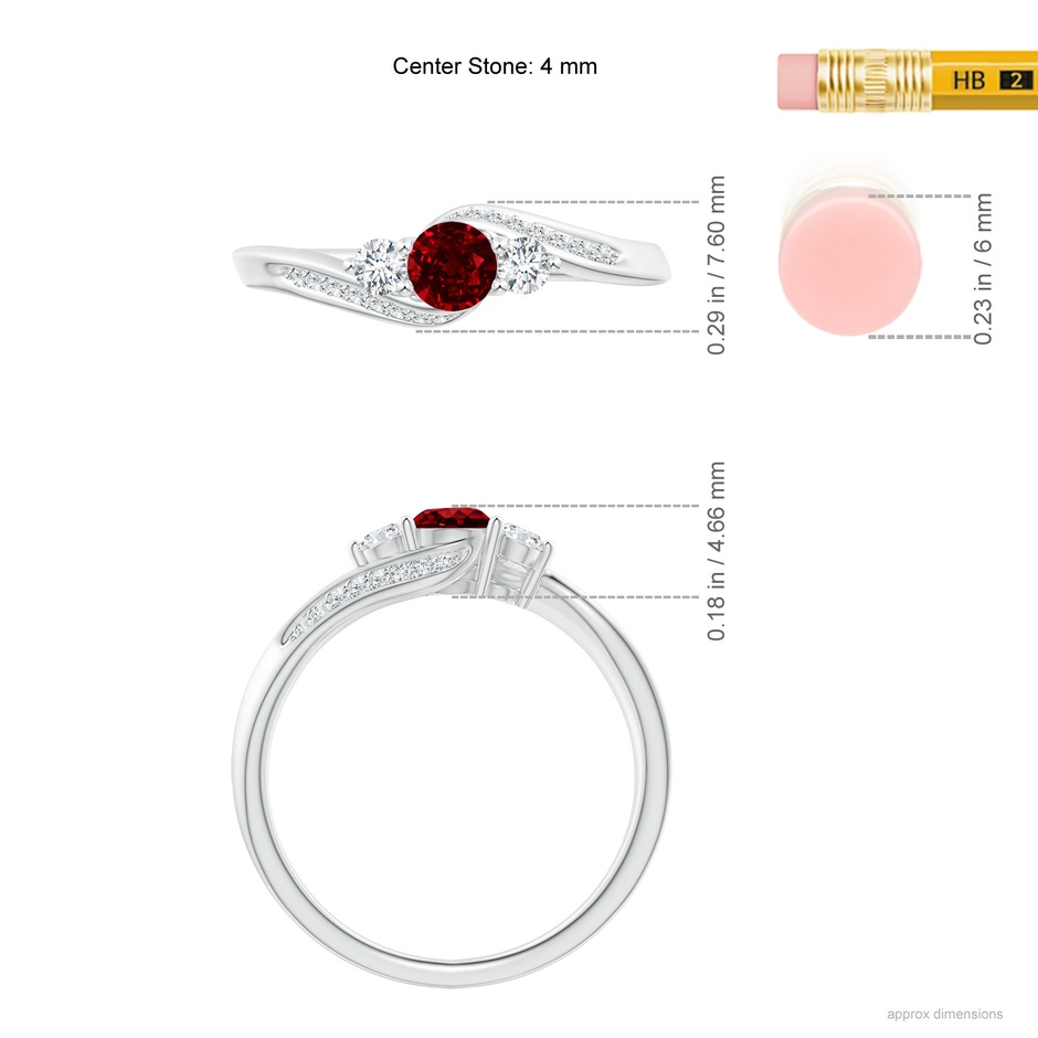 4mm AAAA Ruby and Diamond Three Stone Bypass Ring in White Gold ruler