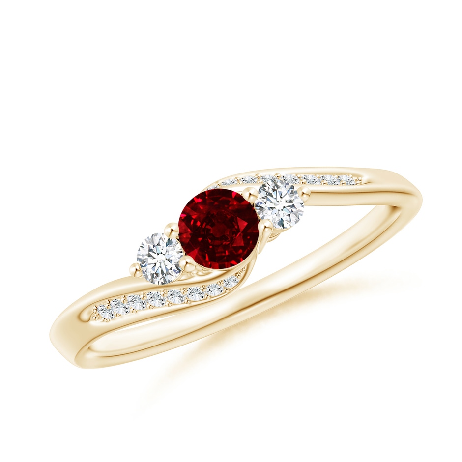 4mm AAAA Ruby and Diamond Three Stone Bypass Ring in Yellow Gold 