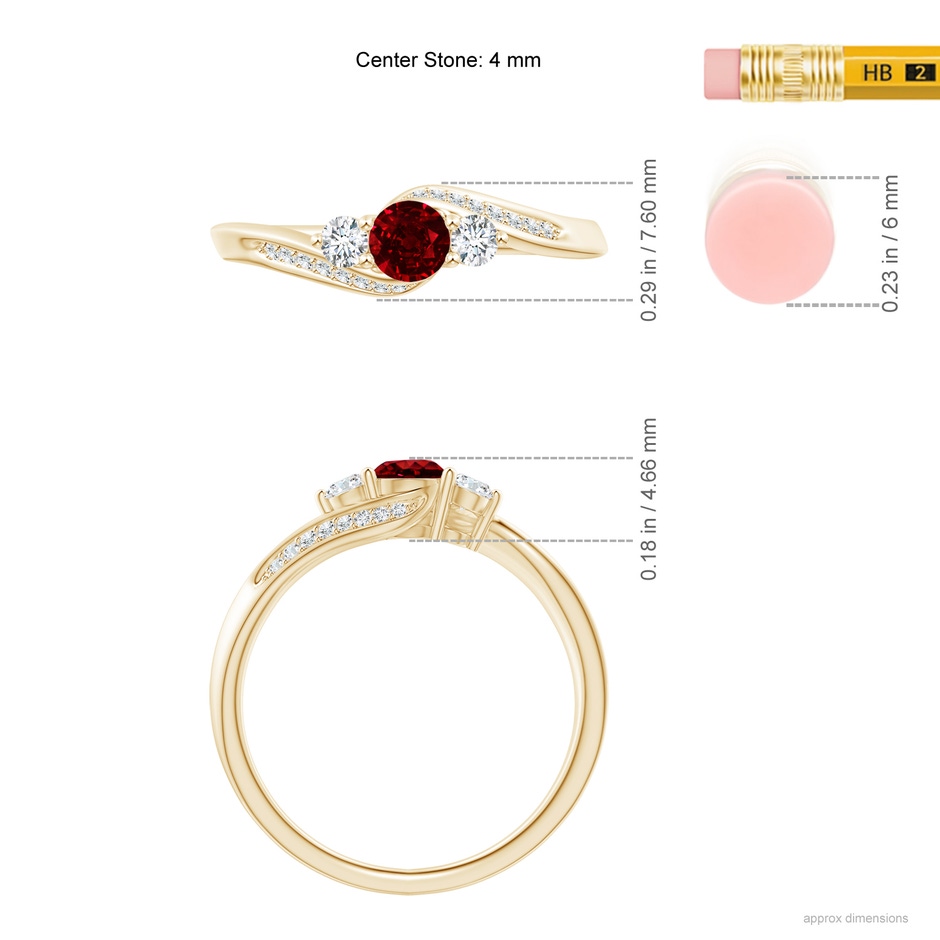 4mm AAAA Ruby and Diamond Three Stone Bypass Ring in Yellow Gold ruler