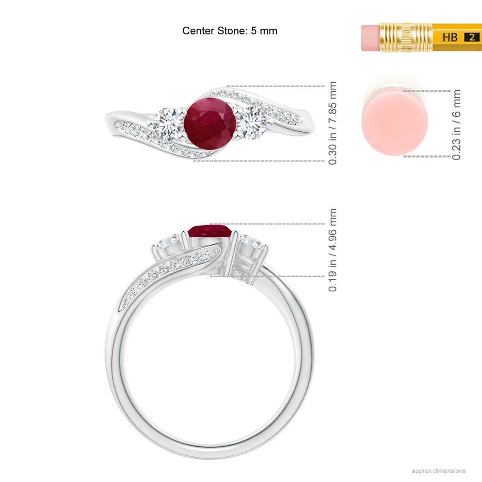 5mm A Ruby and Diamond Three Stone Bypass Ring in White Gold ruler