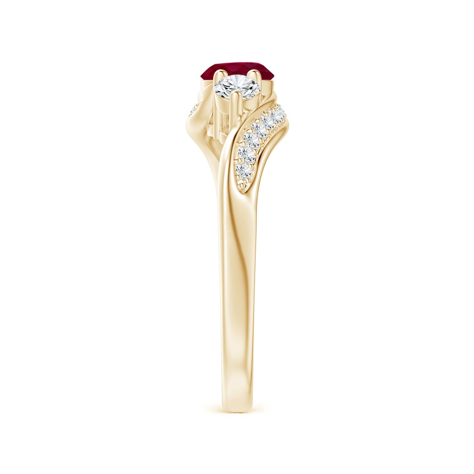 5mm A Ruby and Diamond Three Stone Bypass Ring in Yellow Gold side 2