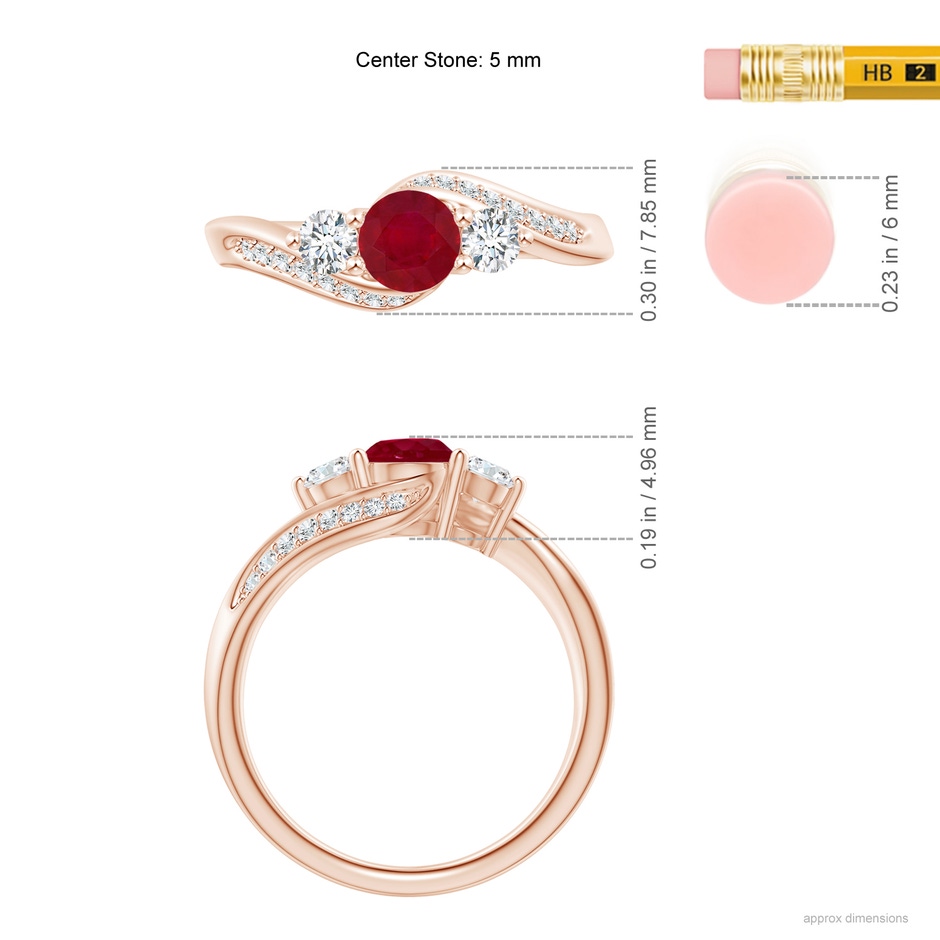 5mm AA Ruby and Diamond Three Stone Bypass Ring in Rose Gold ruler