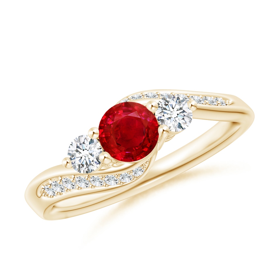 5mm AAA Ruby and Diamond Three Stone Bypass Ring in Yellow Gold 