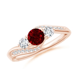 5mm AAAA Ruby and Diamond Three Stone Bypass Ring in Rose Gold