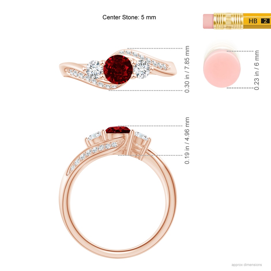 5mm AAAA Ruby and Diamond Three Stone Bypass Ring in Rose Gold ruler