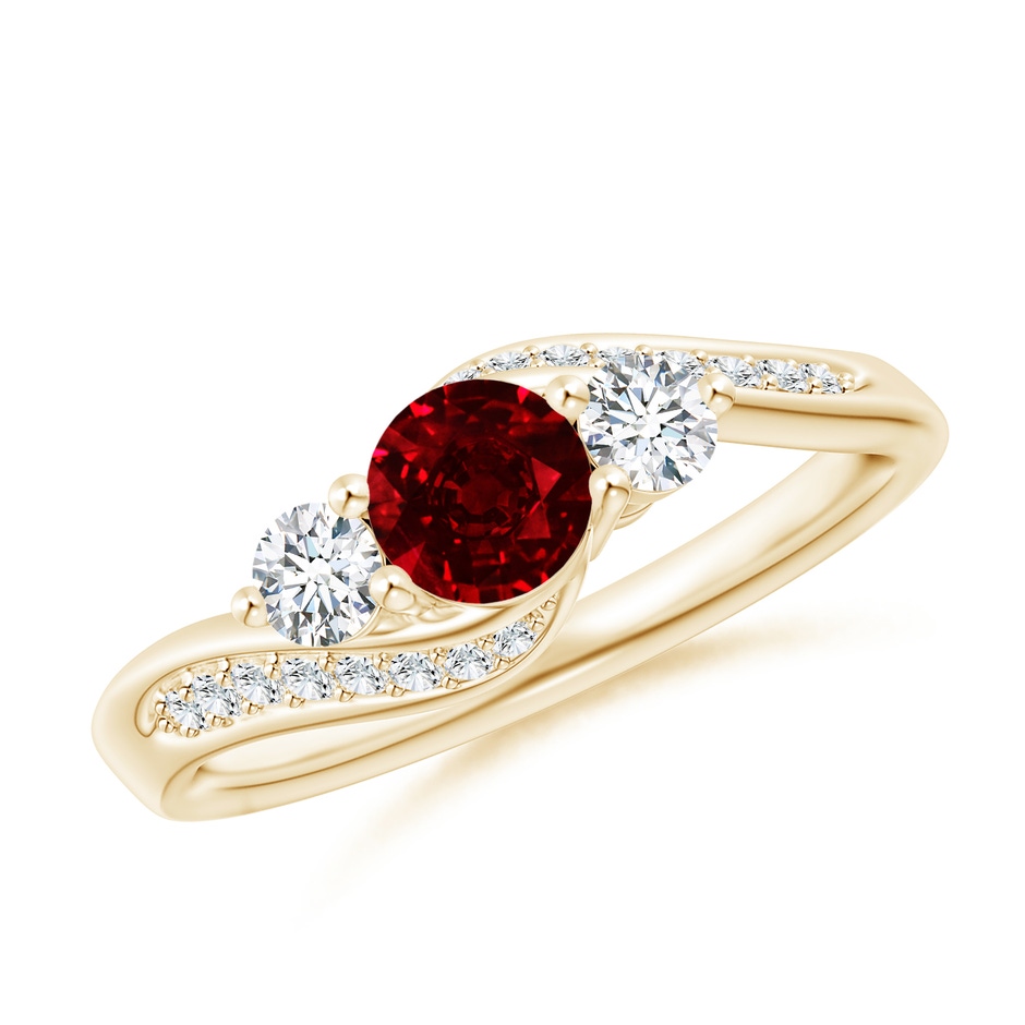 5mm AAAA Ruby and Diamond Three Stone Bypass Ring in Yellow Gold 