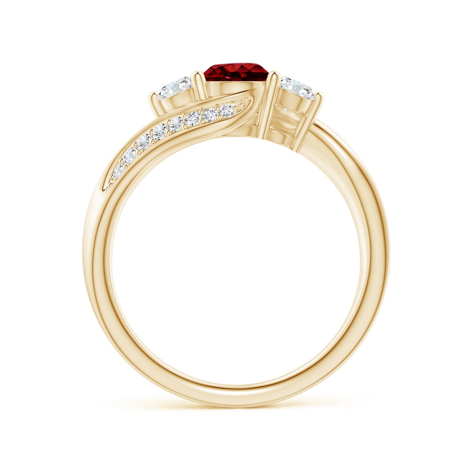 5mm AAAA Ruby and Diamond Three Stone Bypass Ring in Yellow Gold side 1