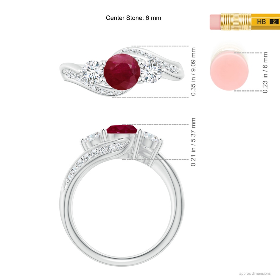 6mm A Ruby and Diamond Three Stone Bypass Ring in White Gold ruler